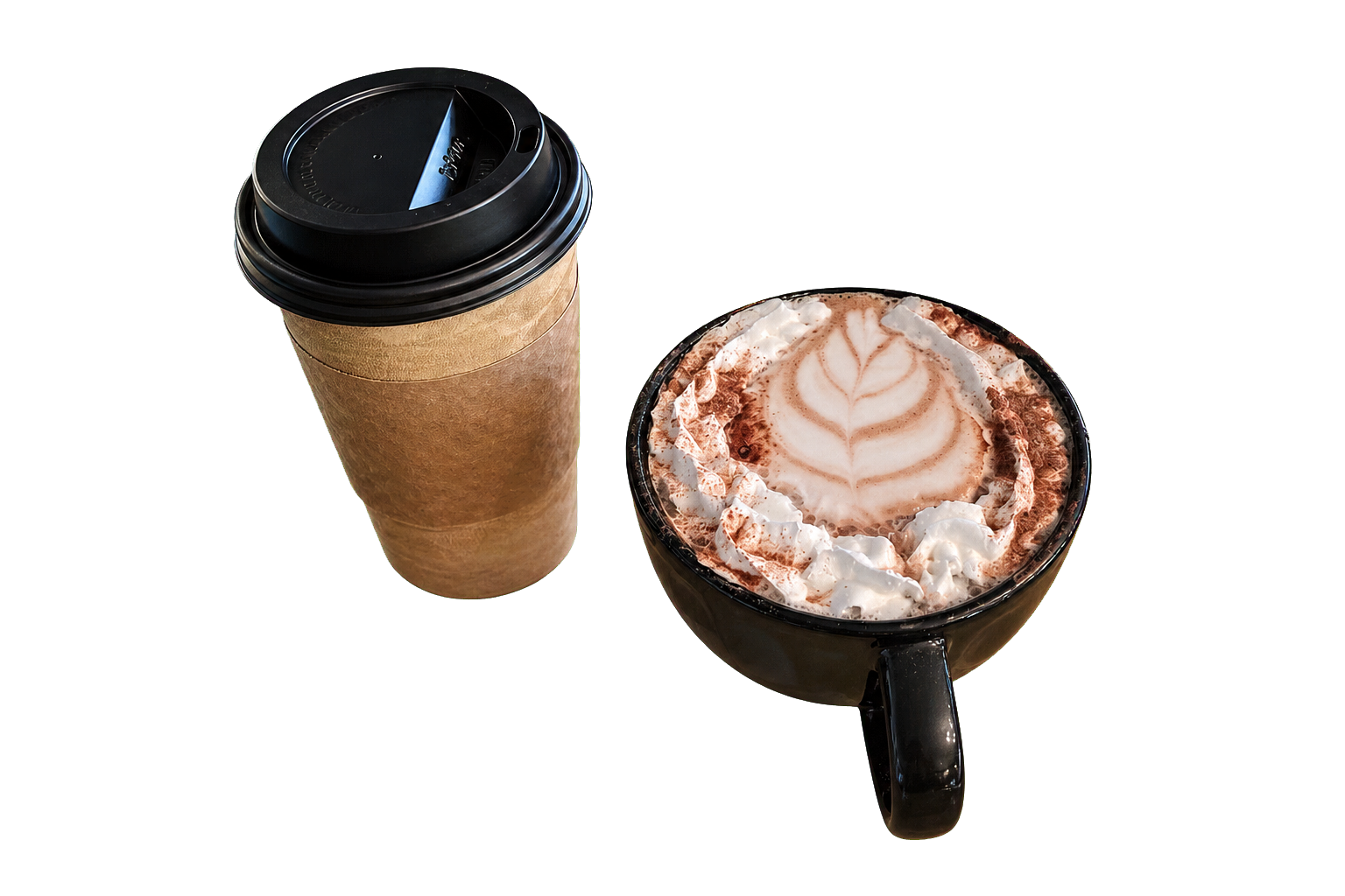 A Queen Bean to-go cup beside a mocha